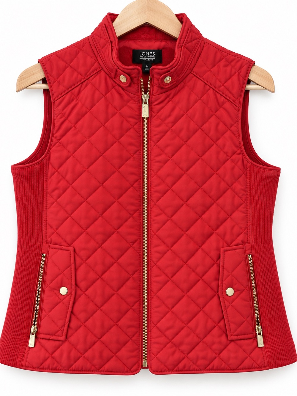 Jones New York Signature Red Quilted Vest Gold Zip Ribbed Sides Size M